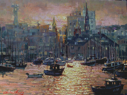 Zhang, ‘New London Harbor Sunset,’ oil on canvas, 18 x 24 inches. Opening bid:  $1,700. Image courtesy of Salmagundi Club.